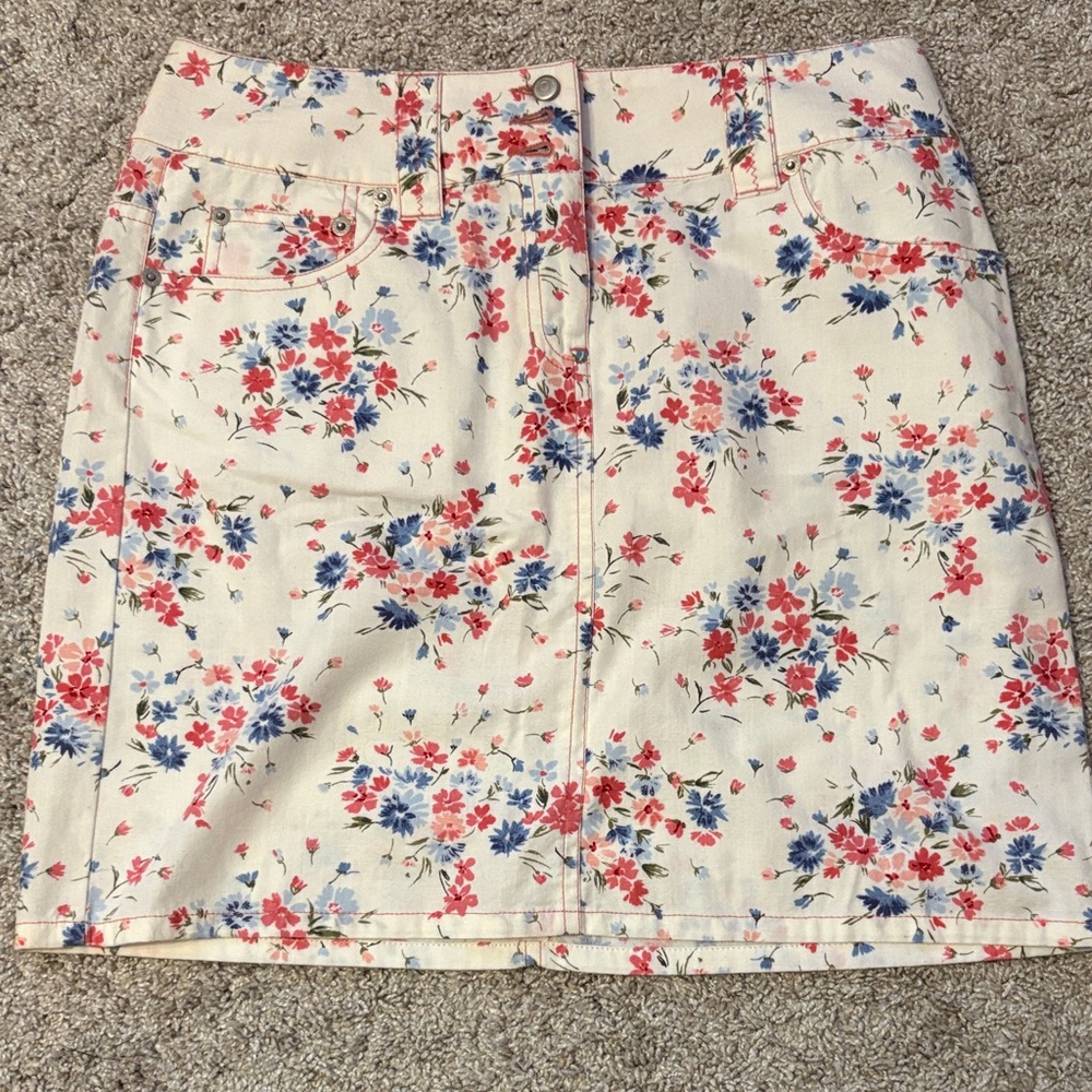LOFT Cream Mini Skirt with Pink & Blue Floral Print - Picture 1 of 5